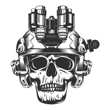 Black and white design of skull wearing tactical helmet