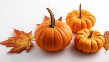 Small pumpkins are arranged with dried maple leaves on a white background