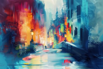 Fototapeta premium Artistic blurred city background with glowing skyscrapers and vibrant lights