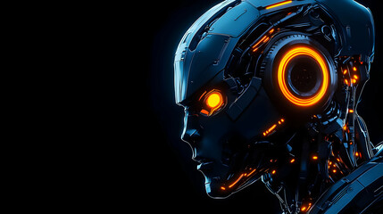 The Glowing Eyes of a Futuristic Robot, a Close-Up Portrait of Artificial Intelligence with Orange Lights and a Black Background