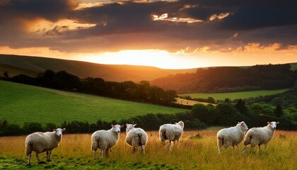 Fototapeta premium sheep in the field at sunset under a dramatic sky with hills overgrown