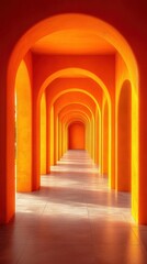 A vibrant corridor with orange arches creating a warm atmosphere.