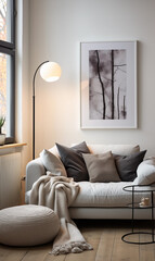 Modern Living Room Interior White Sofa Neutral Pillows Floor Lamp and Abstract Art