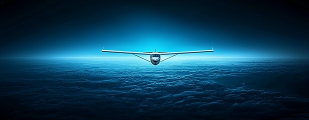 Futuristic aircraft soaring above the clouds in a serene, blue atmosphere.