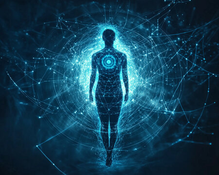 The person&rsquo;s energy field represented as concentric circles or spirals of light around their body, with glowing chakra points connected by energy threads or waves.