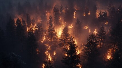 Naklejka premium Intense wildfire engulfing a dense forest at night, with flames devouring pine trees and thick smoke rising, highlighting the destruction caused by extreme heat and dry conditions.