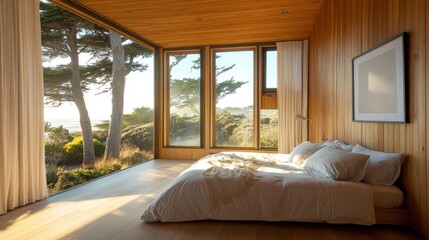 Serene minimalist bedroom with stylish wooden paneling and large floor-to-ceiling windows showcasing a tranquil nature view.