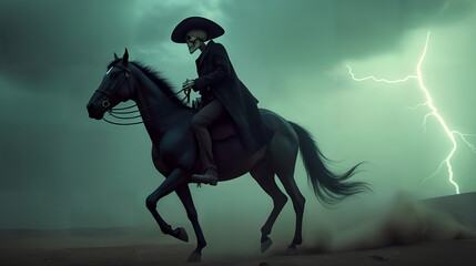 Fototapeta premium A Terrifying Skeleton Cowboy Rides a Phantom Horse Across a Desolate Landscape in a Supernatural Night