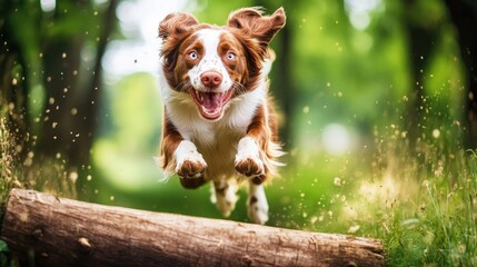 Excited Brown and White Dog Leaping Over Log in Lush Outdoor Agility Course Surrounded by Greenery and Sunshine