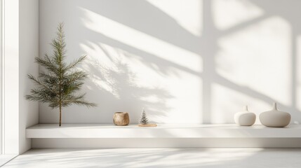 Minimalist interior scene showcasing a small Christmas tree on a sleek shelf, complemented by decorative vases and soft shadows on a white wall.