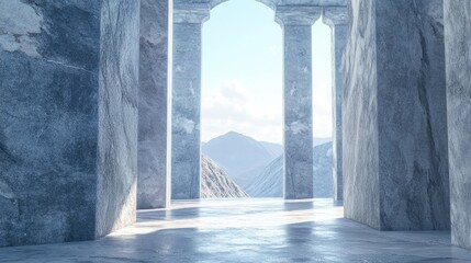Majestic marble pillars framing a stunning entrance, with soft light illuminating a serene landscape and distant mountains beyond.