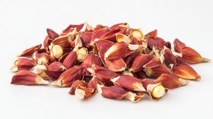 Dried red corn kernels piled together, showcasing their unique shape and color against a clean white background.
