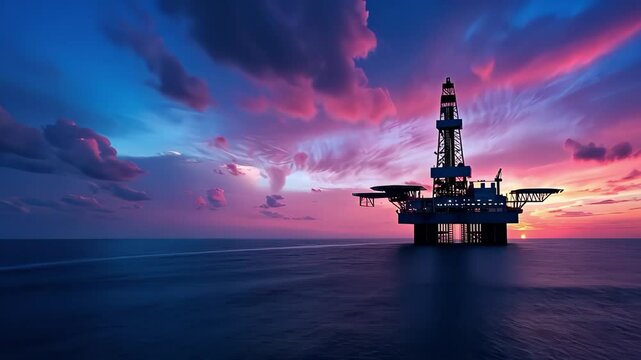 An oil rig stands in a vast ocean under a vibrant sunset sky filled with colorful clouds.