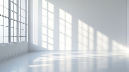 Fototapeta premium Spacious Minimalist White Room Bathed in Soft Natural Light with Shadows Creating a Calm Atmosphere for Creative and Mindful Activities