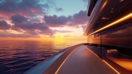 Obraz premium Luxury yacht gliding through calm waters under a vibrant sunset sky, showcasing sleek design and warm lighting against a beautiful ocean backdrop.