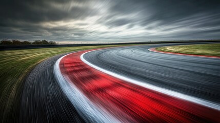 Long exposure photograph of an empty racetrack emphasizing motion blur along a curved track under a dramatic cloudy sky.