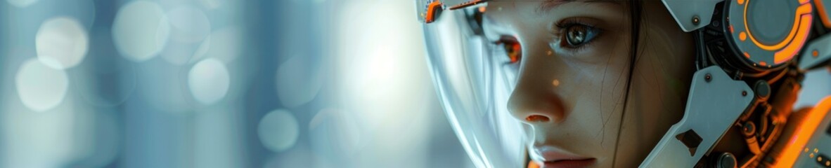 Close Up Portrait of a Woman Wearing a Futuristic Helmet
