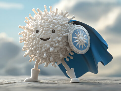 illustration features cheerful white blood cell depicted as superhero muscular build cape and shield designed engage children learning about immune system.