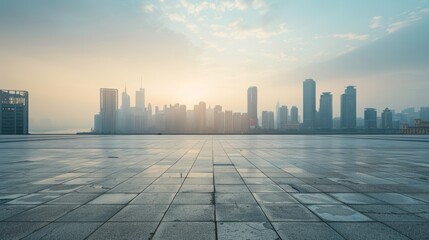 Empty square floor with city skyline background, Eclectic urban fusion, diverse cultural influences
