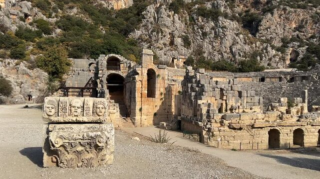 Ruins of the ancient city of Myra in Demre. Travel to the landmarks of Turkey's archaeological history. Historical Lycian city. Demre district, Antalya province, Turkey - 4k video 