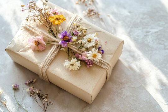Beautifully wrapped gift with dried flowers and fresh wildflowers tied to the side, set against an elegant white background for Mother's Day with copy space, pastel aesthetic.
