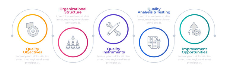 QMS methodology infographic circles. Organizational structure, quality instruments. Analysis, testing. Editable thin line icons diagram process with 5 steps. Montserrat-SemiBold, Regular fonts used