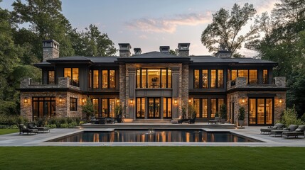 Obraz premium A stunning modern mansion with a stone facade, large windows, and a luxurious pool area nestled within a serene and lush green environment at dusk