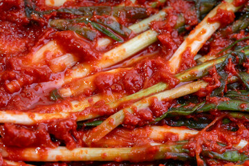 Freshly made Korean green onion kimchi with red chili paste highlights its traditional spicy flavor.

