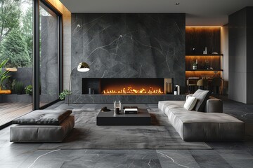 Modern Living Room with Fireplace and Dark Gray Marble Wall Panel
