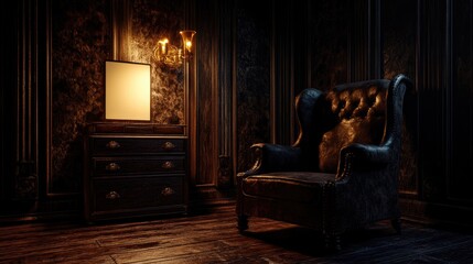 Elegant living room with a vintage armchair, decorative drawer, and customizable blank poster in a softly lit, richly textured interior setting.