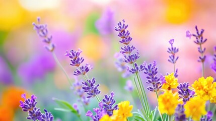 Naklejka premium Lavender and yellow flowers flourish in a colorful garden, showcasing vibrant petals against a soft pastel background.