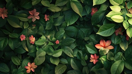 Fototapeta premium Vibrant floral backdrop featuring lush green leaves and delicate pink flowers, capturing the essence of nature's beauty.