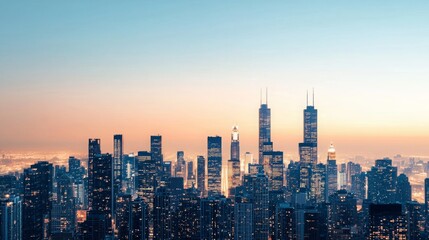 Dusk Cityscape, vibrant skyline illuminated by twilight, expansive area for text or branding, perfect for promotional use