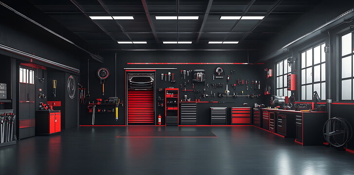 Black and red color wide car workshop