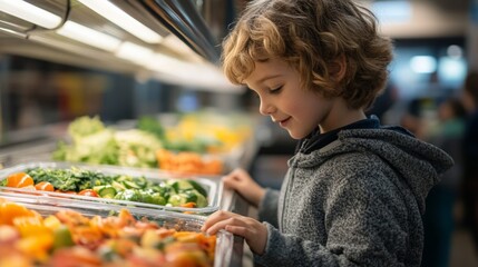 Child contemplating nutritious and enticing food choices in a vibrant school cafeteria setting, surrounded by colorful meal options