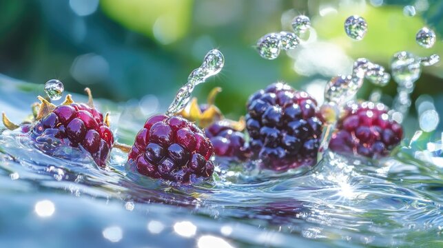 Fresh blackberries splashing into clear water, creating dynamic ripples and sparkling droplets that emphasize their juicy texture and vibrant color.