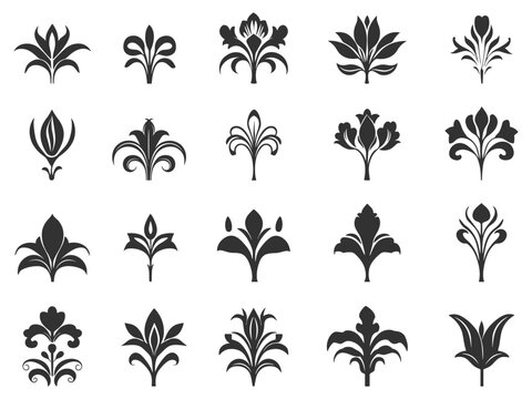 Royal french lily symbol black icons set. Heraldic emblem decorative insignia ornament. Antique emblem antique vintage logo design element. Black and white simple flat style. Isolated vector on white
