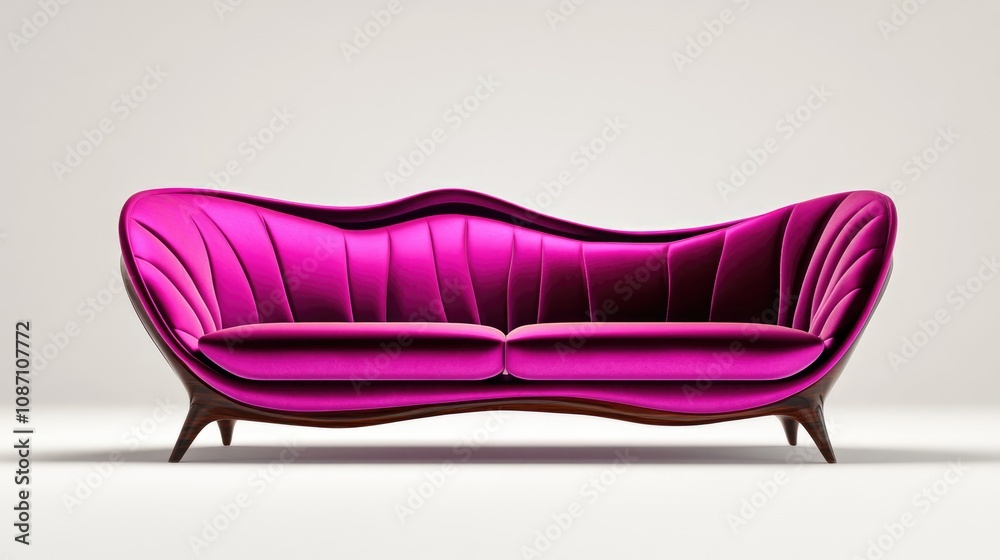 Fototapete elegant pink contemporary sofa with unique wave-shaped design and deep cushioning, set against a min