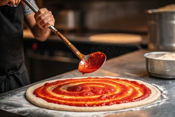 A dynamic image of a pizza maker pouring a ladle of bright red tomato sauce onto a rustic pizza crust.