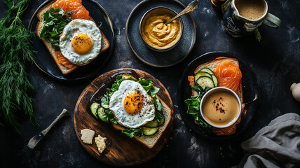 Top View of Breakfast Toasts with Eggs and Salmon