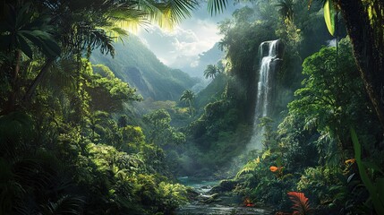 Obraz premium A dense jungle adventure destination, with adventurers trekking through vibrant green forests.