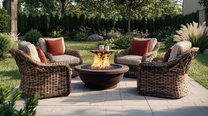 Fototapeta premium Inviting outdoor seating area with plush chairs and a central propane fire pit surrounded by lush greenery and comforting decor.