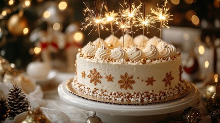 Festive celebration cake with sparklers and decorative toppings