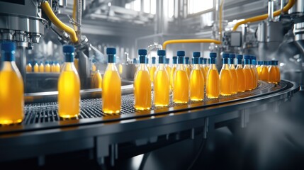 Bottles Moving Along Conveyor Belt in a Factory