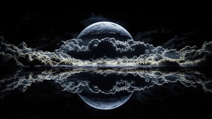Nighttime Earth view featuring a dramatic moonlit sky with clouds beautifully mirrored on a tranquil surface, creating an ethereal, reflective landscape.