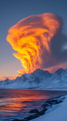 Naklejka premium An orange-yellow sunset cloud forms over distant mountains and clouds , glinting orange-yellow light against white