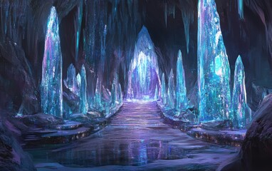Fototapeta premium Crystal Ice Cave: A mesmerizing ice cave with reflective walls, shimmering icicles, and a glowing path leading deeper inside. 
