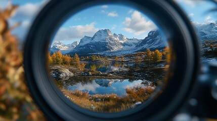View of snowy mountain peaks reflected in a calm lake through a camera lens.