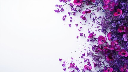 Obraz premium Vibrant purple orchids cascading across a clean white background, creating a stunning floral arrangement with plenty of negative space.
