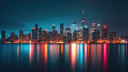 Obraz premium Vibrant long exposure city skyline at night featuring colorful reflections on water with prominent architectural elements illuminated against a dark sky.